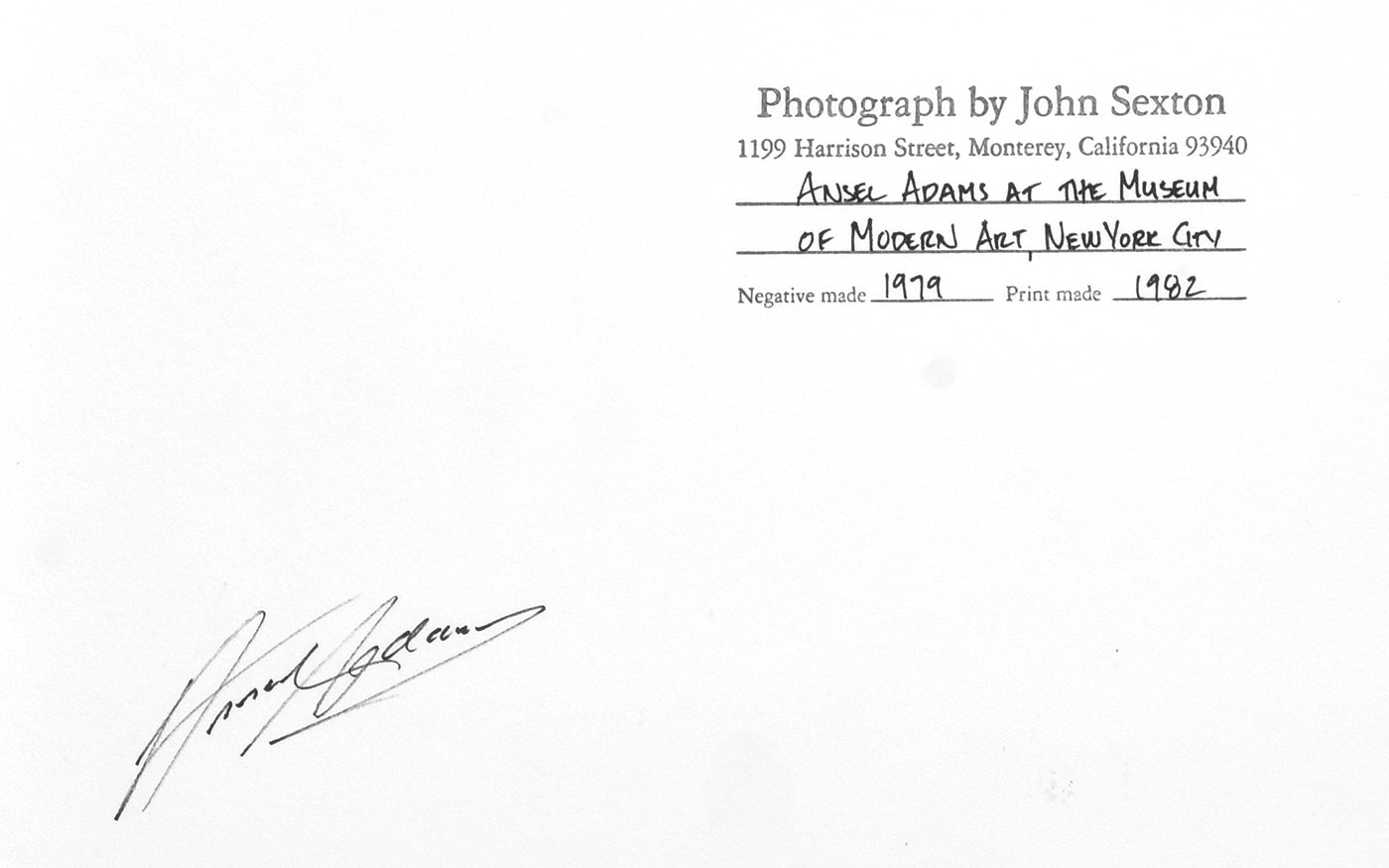 Ansel Adams at MOMA, 1979 by John Sexton - Signed by Adams & Sexton
