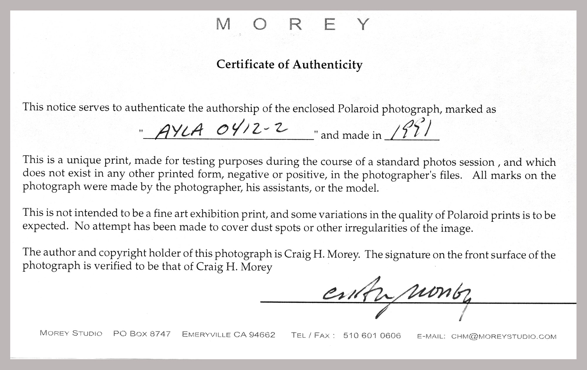 Make Offer - Rare Vintage 1991 One of a Kind Craig Morey Polaroid Test Photograph